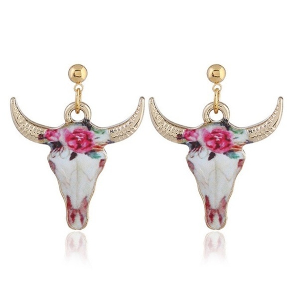 Floral Steer Longhorn Earrings - Picture 2 of 4